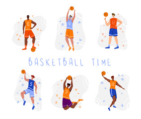 Basketball players with ball - set of isolated people characters, African American and white men playing, guys jumping with ball, muscular black basketball players - flat vector for poster, merch
