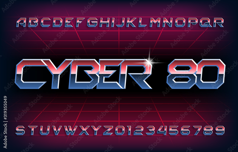 Fototapete cyber 80 alphabet font. glowing retro letters and numbers in 80s style. stock vector typescript for 