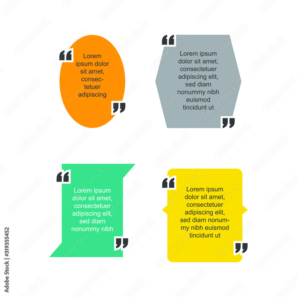 Poster Colored quote speech bubble template. set different shape geometric texting boxes. Quotes form and speech box isolated on white background. Vector illustration.