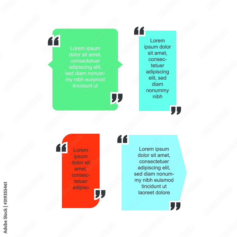 Poster Colored quote speech bubble template. set different shape geometric texting boxes. Quotes form and speech box isolated on white background. Vector illustration.