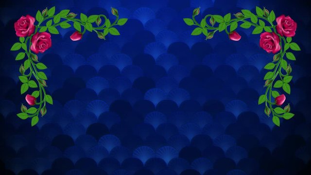Sweet Frame Background Motion With Growing Rose Vine Flourish Ornaments And Random Blue Shines Artistic Flower Blooming Texture Lines Pattern, Last 10 Seconds Seamless Loop