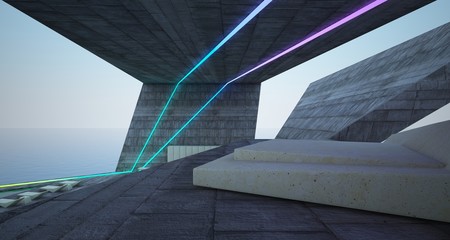 Abstract architectural concrete interior of a modern villa on the sea with colored neon lighting. 3D illustration and rendering.