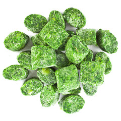 Healthy vegetarian frozen spinach isolated on white background. Top view.