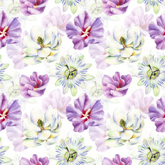 Watercolor seamless pattern with magnolia, passiflora, hibiscus, passion flower, jungle painting, stock illustration. Fabric wallpaper print texture.