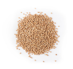 Coriander seeds Top view on white background