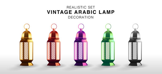 Realistic set of Vintage Arabic Luminous Lamp Decoration. Islamic Hanging Lantern in 5 colors. Isolated Vector Illustration. Lantern 3D Multicolored.