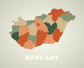 Obraz premium Hungary poster in retro style. Map of the country with regions in autumn color palette. Shape of Hungary with country name. Classy vector illustration.