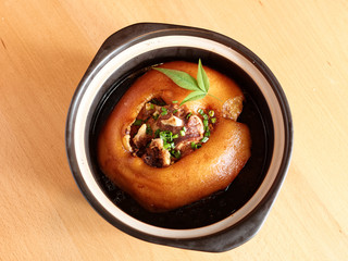 Close up of stewed pork leg in bowl, traditional Chinese food style prepared for Chinese new year.