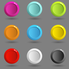 Blank buttons. Set of web color round buttons. Colorful 3d buttons paper cut style. Vector illustration.