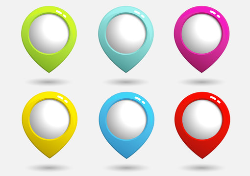 Set of bright map pointers colorful 3d buttons. Vector illustration.
