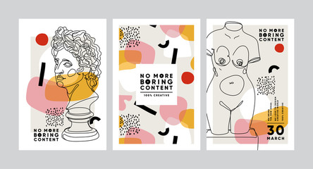 Modern abstract cards with ancient sculptures. Set of vector banners in trendy contemporary style.