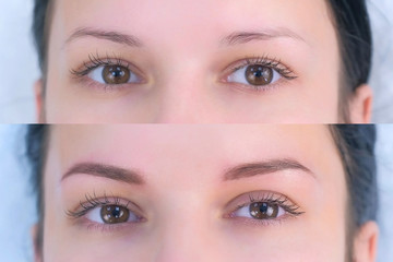 Eye of young woman before and after lash laminating and painting eyebrows procedures. Closeup portrait of girl brunette in beauty clinic. Beauty industry concept.