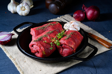 raw beef roulades prepared for cooking