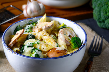 Real pasta with mushrooms, spinach and broccoli