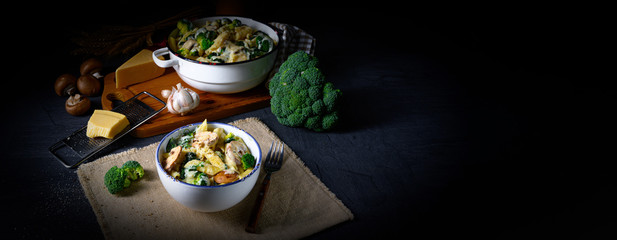 Real pasta with mushrooms, spinach and broccoli
