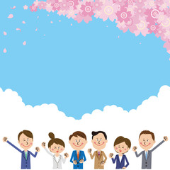 ポップなスーツの男女　ガッツポーズ　大空と桜