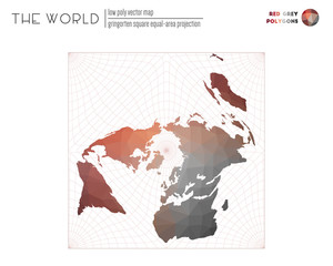 Abstract geometric world map. Gringorten square equal-area projection of the world. Red Grey colored polygons. Neat vector illustration.