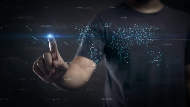 Man Touch Digital Screen Revealing World Map Data. HUD Hologram
