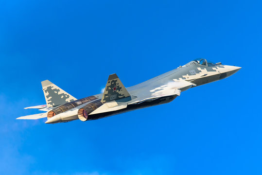 Jhukovsky, Ramenskoye airfield - August 2019: Russian 5th generation jet fighter Sukhoi Su-57 (PAK-FA, T-50)