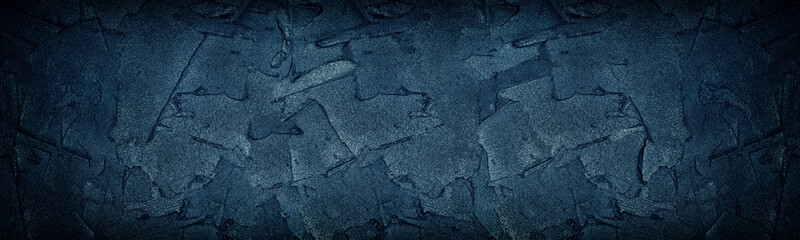 Navy blue cement strokes panoramic texture. Large wide dark grungy wall background