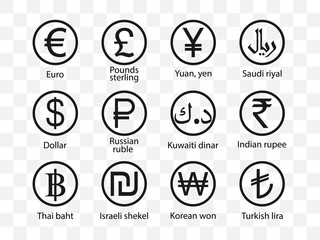 Currency, icon set. Vector illustration, flat design. - obrazy, fototapety, plakaty