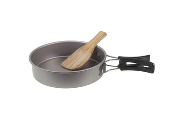  Camping pan with wooden scoop isolated on white with clipping path