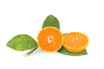 Sweet orange fruit with leaves isolated on white with clipping path