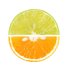 Fruit slices half of lemon and orange isolated on white with clipping path