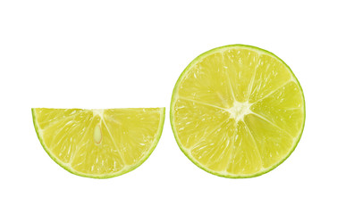 Slice of fresh orange with lime isolated on white background with clipping path