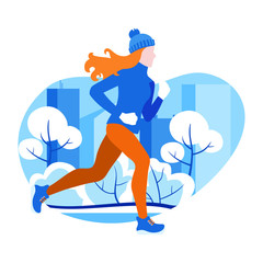 Winter running. The girl runs on a winter evening in the city Park, trees. bushes in the snow. On the background of the house with Windows. Banner, poster, card, healthy lifestyle. Vector Illustrtion.