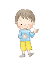 男の子　全身正面　指さし　（茶線）