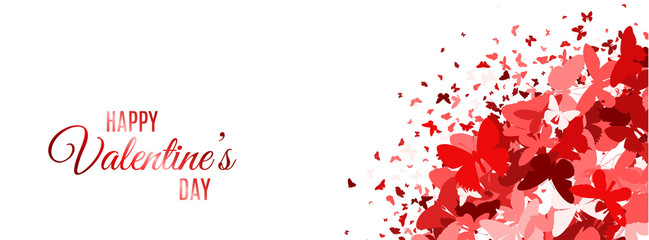 Happy Valentine Day festive layout. Glitter red butterflies on white background. Lettering Valentine's day banner. For cover social network, greeting cards, poster, invitation. Vector Illustration.