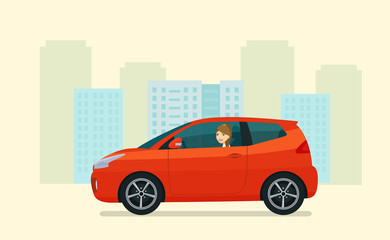 Compact hatchback car with a young woman driving on a background of abstract cityscape. Vector flat style illustration.