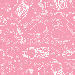 Children's cartoon cute pattern on a pink background with sea animals and elements. Set of whale, seahorse, jellyfish, algae, bubbles.