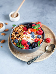 granola with yogurt and fresh berries in a bowl