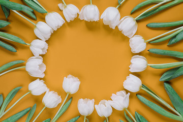 Round frame with copy space made of fresh tulips on yellow background. Birthday, Valentines,Woman Day concept.