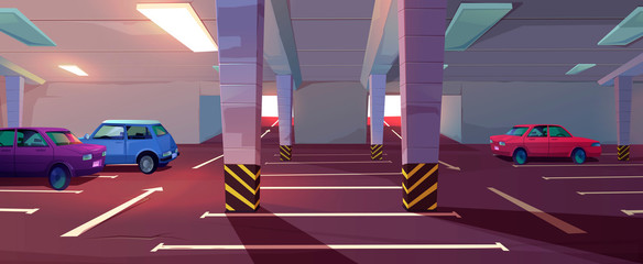 Underground car parking. Basement garage with lots for automobiles, columns, road marking and guiding arrows in corridor. Vector cartoon interior of parking in mall or city house © klyaksun