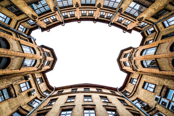 St. Petersburg, Russia. View from the courtyards, the roofs of the houses, to the sky. A very...