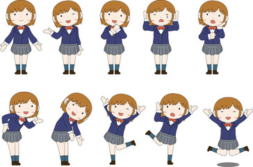Fototapeta premium Cute pose of cute Brown hair schoolgirl set