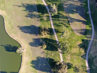 Aerial top view of golf course with green field. Green turf scenery. Temecula, California, USA