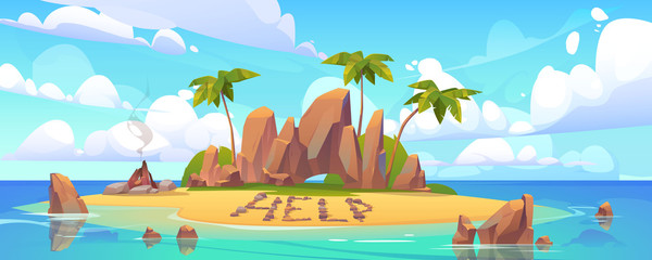 Lost island in ocean with alone castaway person asking for help. Vector cartoon sea landscape witn tropical island with palms, rocks and sand beach with bonfire.