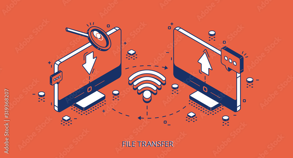 Poster file transfer isometric banner, two computers connected via wifi share documents. remote connection 