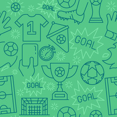 Soccer sport seamless pattern. Football icons pattern background with award cup, ball, stopwatch, goal, boots. Vector graphics