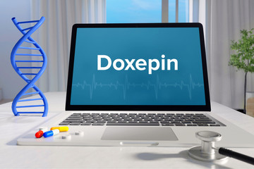 Doxepin– Medicine/health. Computer in the office with term on the screen. Science/healthcare