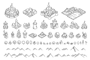 Middle Ages city map kit. Buildings set. Medieval fantasy sketch. Mountains and trees. Selection for board game. Hand drawn vector black line. - obrazy, fototapety, plakaty