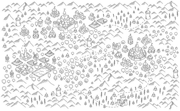 Medieval city, fantasy area map sketch. Mountain river and village buildings. Middle Ages map for board game. Hand drawn vector black line.