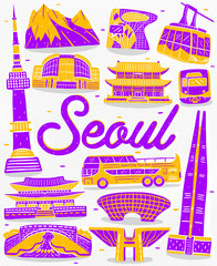 Illustration of seamless pattern Seoul city landmark with flat design style.