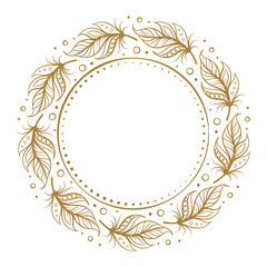 Vector round dotted frame frame with boho style feathers decoration