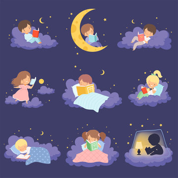 Cute Blonde Little Girl Sitting and Lying on Clouds at Night and Reading Books Collection Vector Illustration