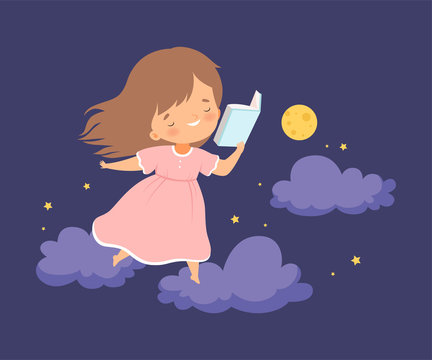 Cute Smiling Little Girl Walking on Clouds at Night Sky With an Open Book Vector Illustration